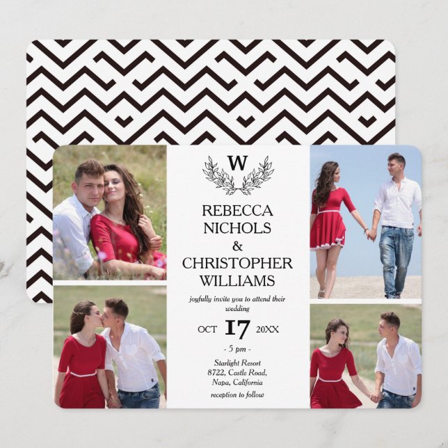 Personalized 4 Photo Laurel Monogrammed Wedding Invitation (Front/Back)