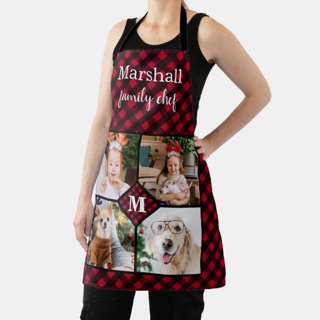 Personalized 4 Photo Monogram Red Buffalo Plaid Apron (Insitu)