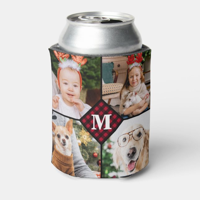 Personalized 4 Photo Monogram Red Buffalo Plaid Can Cooler (Can Back)