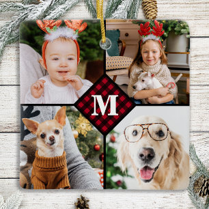 Personalized 4 Photo Monogram Red Buffalo Plaid Ceramic Ornament