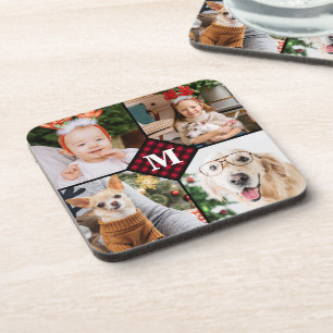 Personalized 4 Photo Monogram Red Buffalo Plaid Coaster