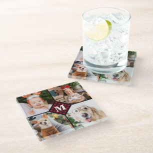 Personalized 4 Photo Monogram Red Buffalo Plaid Glass Coaster