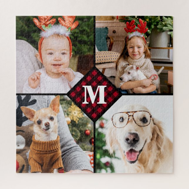 Personalized 4 Photo Monogram Red Buffalo Plaid Jigsaw Puzzle (Vertical)