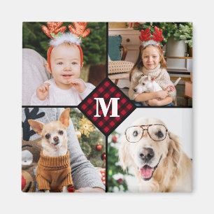 Personalized 4 Photo Monogram Red Buffalo Plaid Magnet