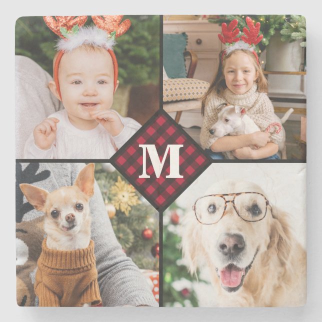Personalized 4 Photo Monogram Red Buffalo Plaid Stone Coaster (Front)
