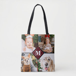 Personalized 4 Photo Monogram Red Buffalo Plaid Tote Bag