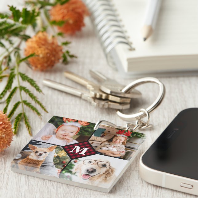 Personalized 4 Photo Red Buffalo Plaid Monogram  Keychain (Front Right)