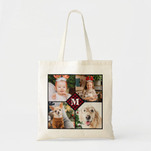 Personalized 4 Photo Red Buffalo Plaid Monogram Tote Bag