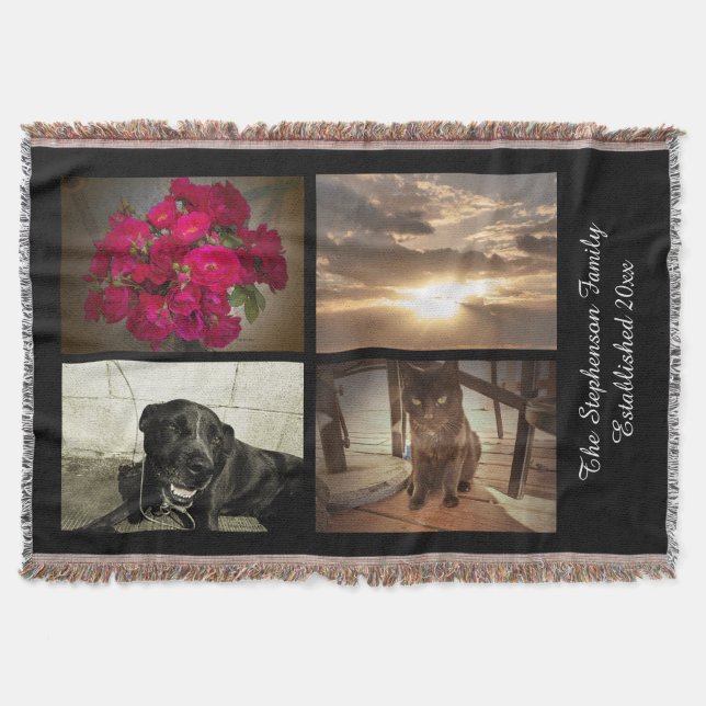Personalized 4 Photo Text Mosaic Picture Collage Throw Blanket (Front)