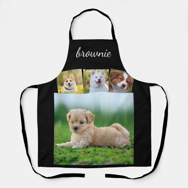 Personalized 4-Photo White Black Script Name Apron (Front)