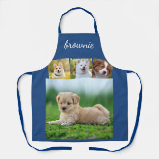 Personalized 4-Photo White Blue Collage Script Apron