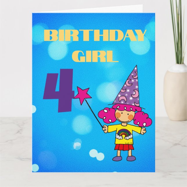 Personalized 4th Birthday Girl Magic Card (Front)