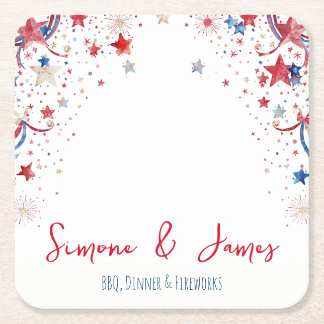 Personalized 4th of July Fireworks Party Decor Square Paper Coaster (Front)
