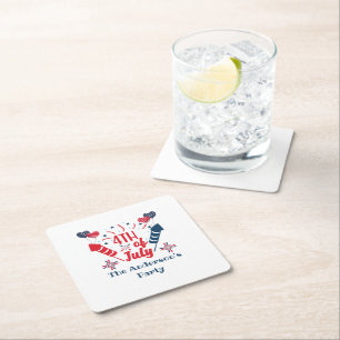 Personalized 4th of July Fireworks Red White Blue Square Paper Coaster