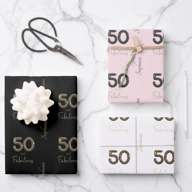 Personalized 50 and Fabulous Black Blush White  Wrapping Paper Sheet (Front)