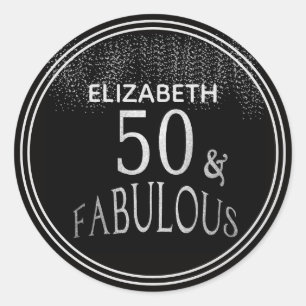Personalized 50 and Fabulous Black Silver Glitter Classic Round Sticker