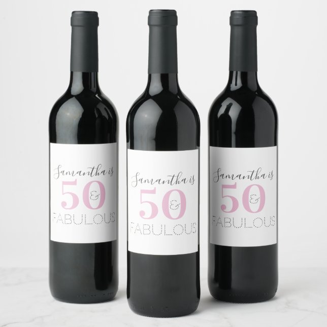 Personalized 50 and fabulous Modern Pink Birthday Wine Label (Bottles)