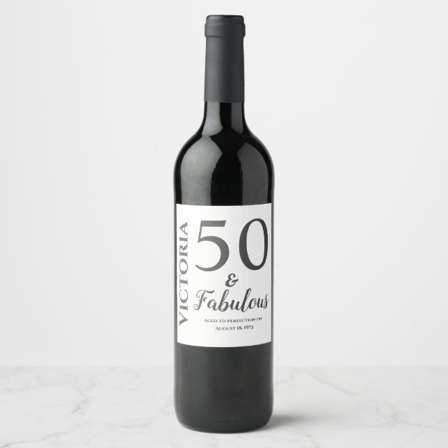 Personalized ‘50 & Fabulous‘ Grey Modern Text Wine Label (Front)