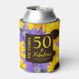 Personalized 50 & Fabulous Sunflower & Purple Can Cooler