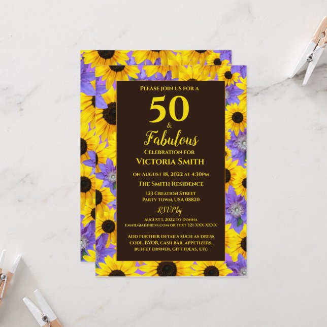 Personalized 50 & Fabulous Yellow & Purple Floral  Invitation (Front/Back In Situ)