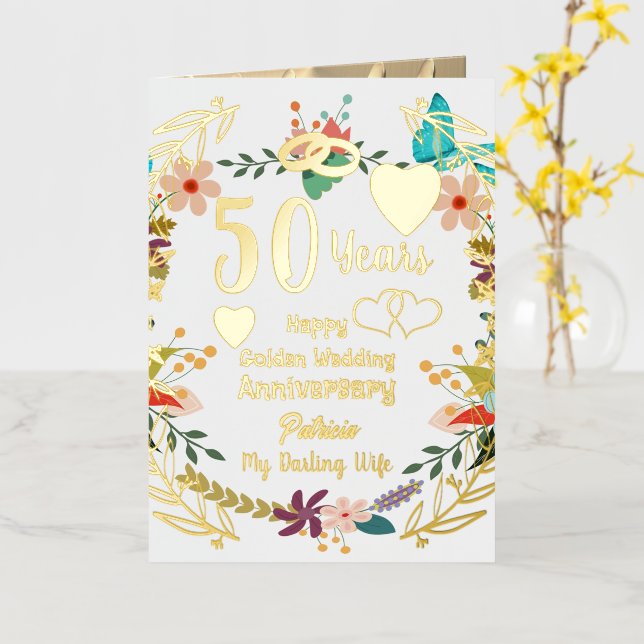 Personalized 50th Anniversary Floral And Gold Foil Greeting Card (Yellow Flower)