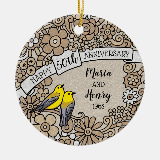 Personalized 50th Anniversary, Gold Floral Birds Ceramic Ornament (Front)