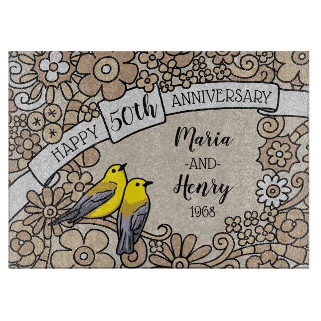 Personalized 50th Anniversary, Gold Floral Birds Cutting Board (Front)