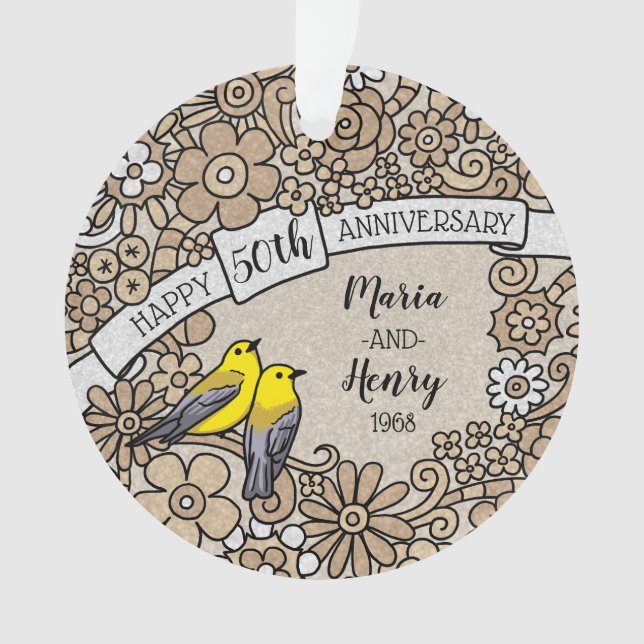 Personalized 50th Anniversary, Gold Floral Birds Ornament (Front)