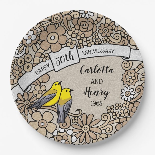 Personalized 50th Anniversary, Gold Floral Birds Paper Plate (Front)