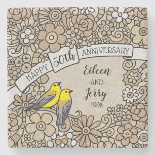 Personalized 50th Anniversary, Gold Floral Birds Stone Coaster