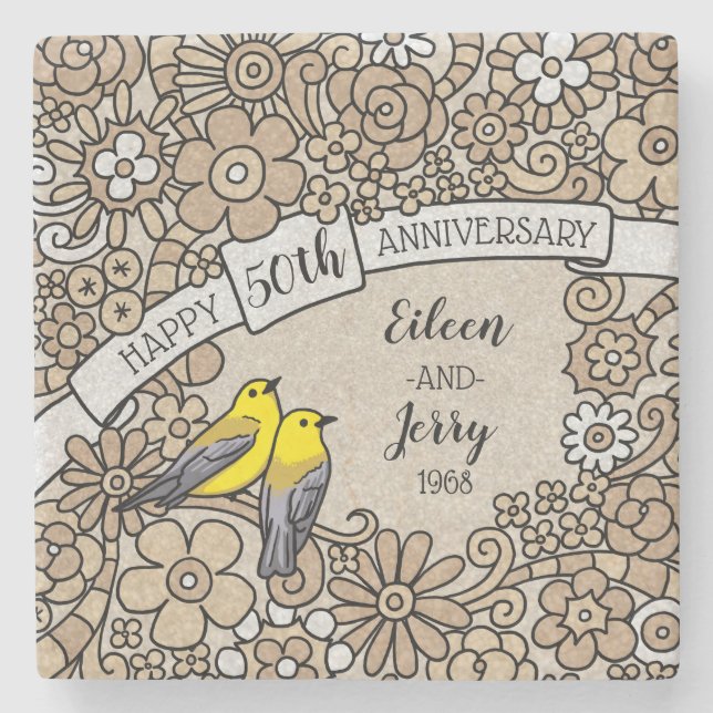 Personalized 50th Anniversary, Gold Floral Birds Stone Coaster (Front)