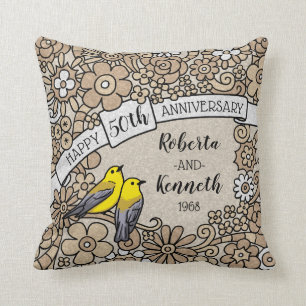 Personalized 50th Anniversary, Golden Floral Birds Throw Pillow