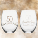 Personalized 50th Anniversary Keepsake Custom Gift Stemless Wine Glass<br><div class="desc">Create a beautiful unique custom wedding anniversary keepsake by adding the couple's names and date to this glass. My original designed silver golden wisps of streamers radiate from both sides of the script, "50 Years". This one-of-a-kind design has a gradient faux metallic look but is not real foil. Personalize these...</div>