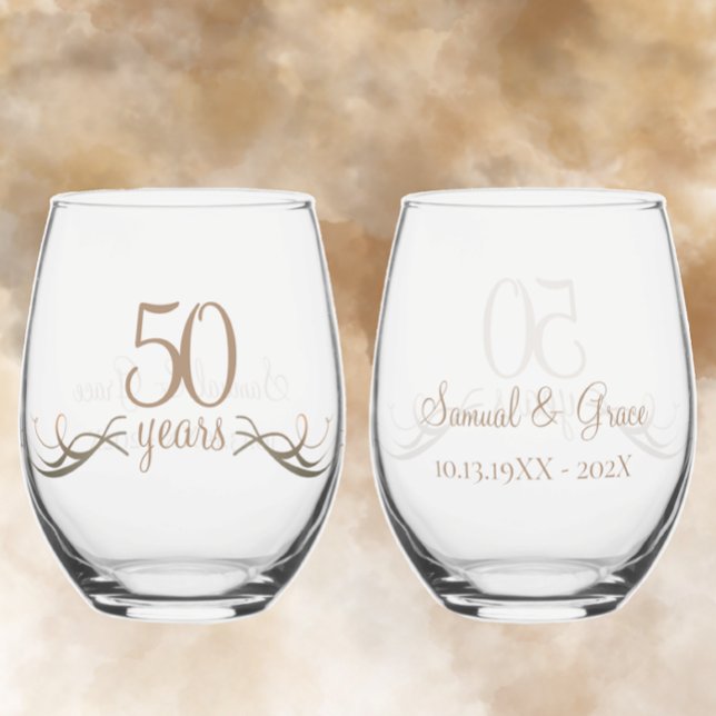 Personalized 50th Anniversary Keepsake Custom Gift Stemless Wine Glass (Personalize with couples names and date creating a unique custom 50th anniversary keepsake gift 
)