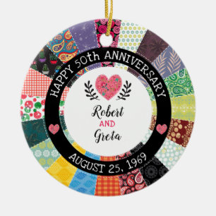 Personalized 50th Anniversary, Patchwork Quilt Ceramic Ornament