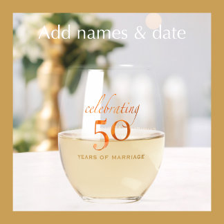 Personalized 50th anniversary peach rose gift stemless wine glass