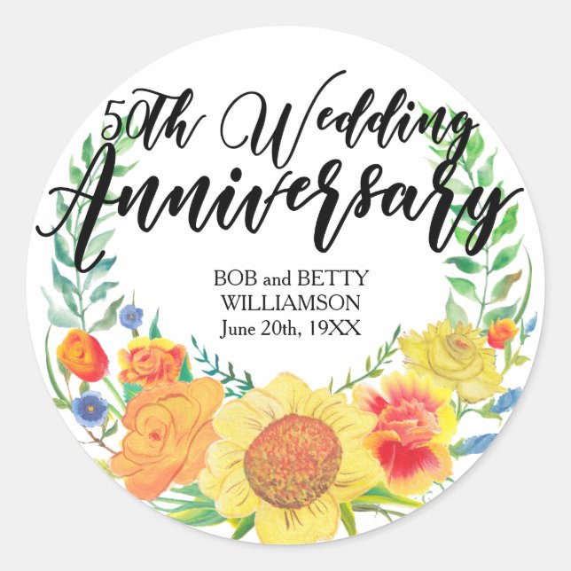 Personalized 50th Anniversary Yellow Floral Wreath Classic Round Sticker (Front)