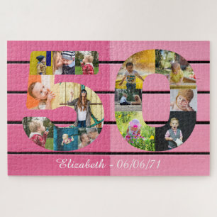 Personalized 50th Birthday 14 Photo Collage Pink Jigsaw Puzzle