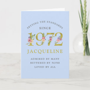 Personalized 50th Birthday 1972 Blue Gold Floral Card
