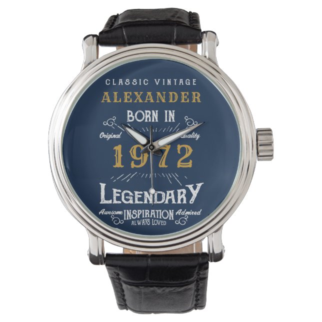 Personalized 50th Birthday 1972 Vintage Blue Gold Watch (Front)