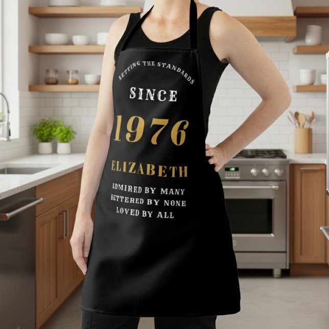 Personalized 50th Birthday 1976 Black & Gold Apron (1976 birthday apron worn in a kitchen)