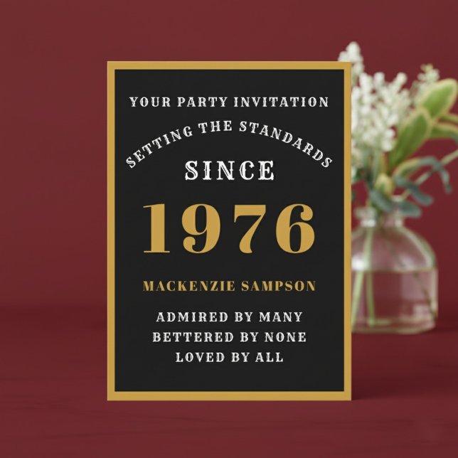 Personalized 50th Birthday 1976 Elegant Black Gold Invitation (1976 birthday invitation. Red background.)