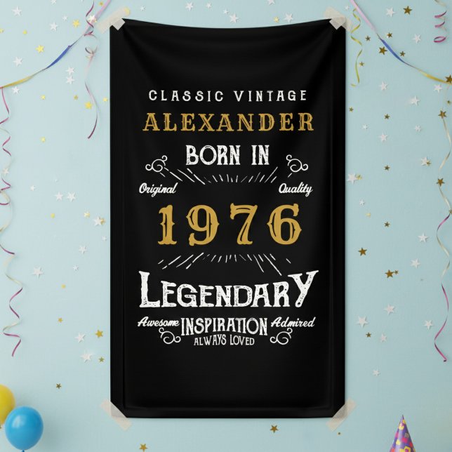 Personalized 50th Birthday 1976 Vintage Legend Banner (Born 1976 birthday banners against a blue wall.)