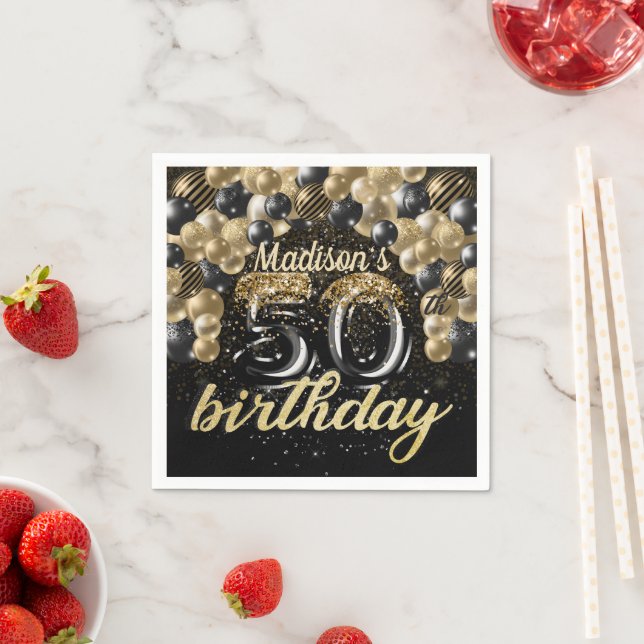 Personalized 50th Birthday Black Gold Balloon Napkin (Insitu)