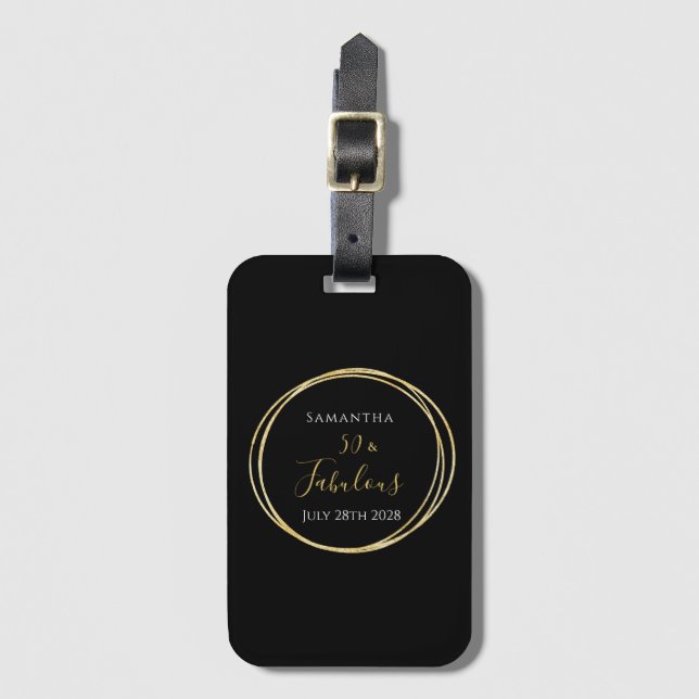 Personalized 50th Birthday Black Gold Luggage Tag (Front Vertical)