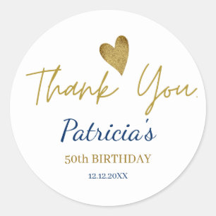 Personalized 50th Birthday Blue Gold Thank You  Classic Round Sticker