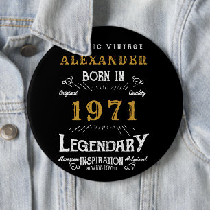 Personalized 50th Birthday Born 1971 Vintage Black 6 Inch Round Button