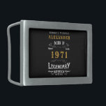 Personalized 50th Birthday Born 1971 Vintage Black Belt Buckle<br><div class="desc">A personalized belt buckle for that birthday gentleman born in 1971 and turning 50. Add the name to this vintage retro style black, white and gold design for a custom 50th birthday gift. Easily edit the name and year with the template provided. A wonderful custom black birthday gift. More gifts...</div>