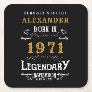 Personalized 50th Birthday Born 1971 Vintage Black Square Paper Coaster