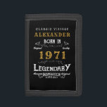 Personalized 50th Birthday Born 1971 Vintage Black Trifold Wallet<br><div class="desc">A personalized wallet for that birthday gentleman born in 1971 and turning 50. Add the name to this vintage retro style black, white and gold design for a custom 50th birthday gift. Easily edit the name and year with the template provided. A wonderful custom black birthday gift. More gifts and...</div>